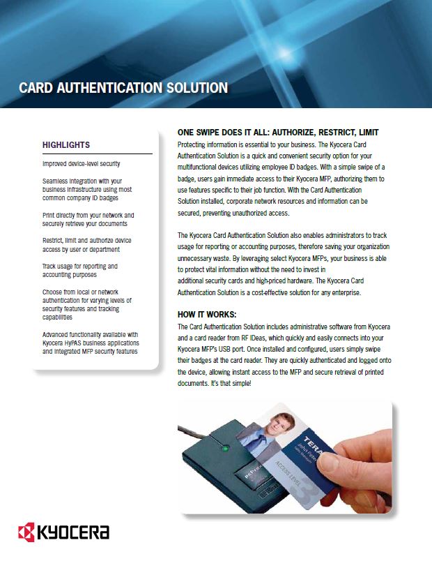 Kyocera, Software, Cost Control, Security Card Authentication, Document Essentials